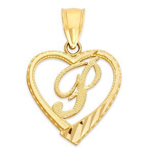 10K Gold Heart Initial "P" Pendant - Diamond Cut Letter Charm for Necklace